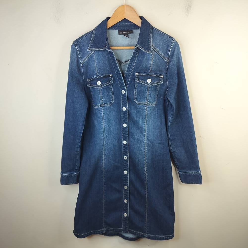 INC International Concepts Denim Shirt Dress 10 Snap Button Western Long Sleeve